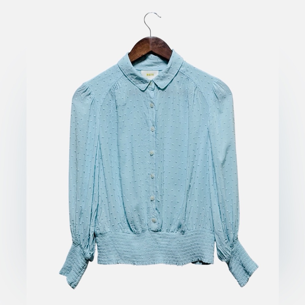 Anthropologie Maeve Blue Rosa Swiss Dot Blouse Teal Cropped Size S - Picture 2 of 5